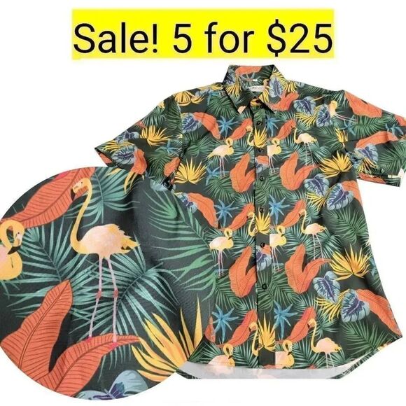 No Brand Other - Hawaiian Flamingo Green Button Down Shirt on Sale 5 for $25